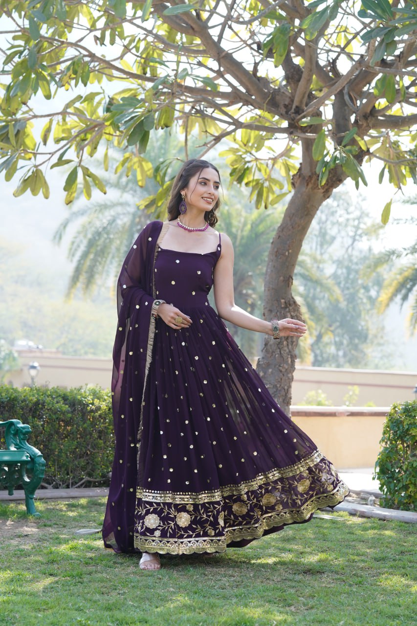 Lovely Faux Georgette Sequins Embroidered Gown With Dupatta - INDIAN ELEGANCE