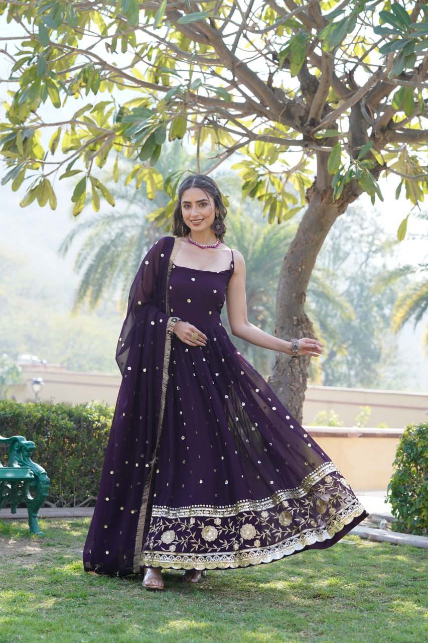 Lovely Faux Georgette Sequins Embroidered Gown With Dupatta - INDIAN ELEGANCE