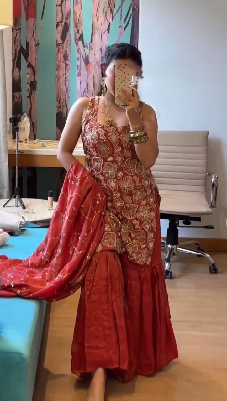Party Wear Rust Red Sharara Suit Set with Thread & Sequins Work for Women
