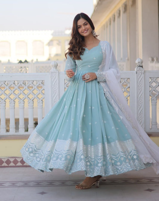 Spellbinding Sky Blue Faux Georgette Thread Sequins Worked Gown - INDIAN ELEGANCE