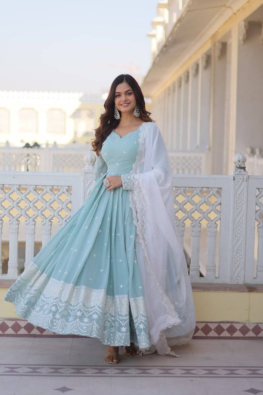 Spellbinding Sky Blue Faux Georgette Thread Sequins Worked Gown - INDIAN ELEGANCE
