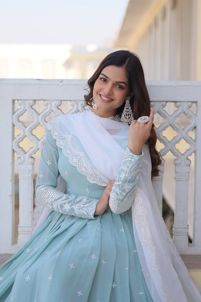 Spellbinding Sky Blue Faux Georgette Thread Sequins Worked Gown - INDIAN ELEGANCE
