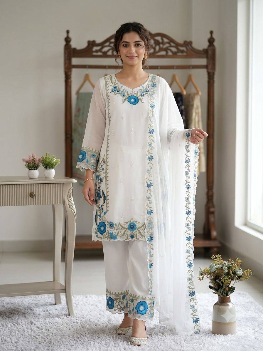 Women’s White Floral Embroidered Fox Georgette Kurta Palazzo Set with Dupatta | Designer Ethnic Suit for Wedding, Farewell & Party Wear