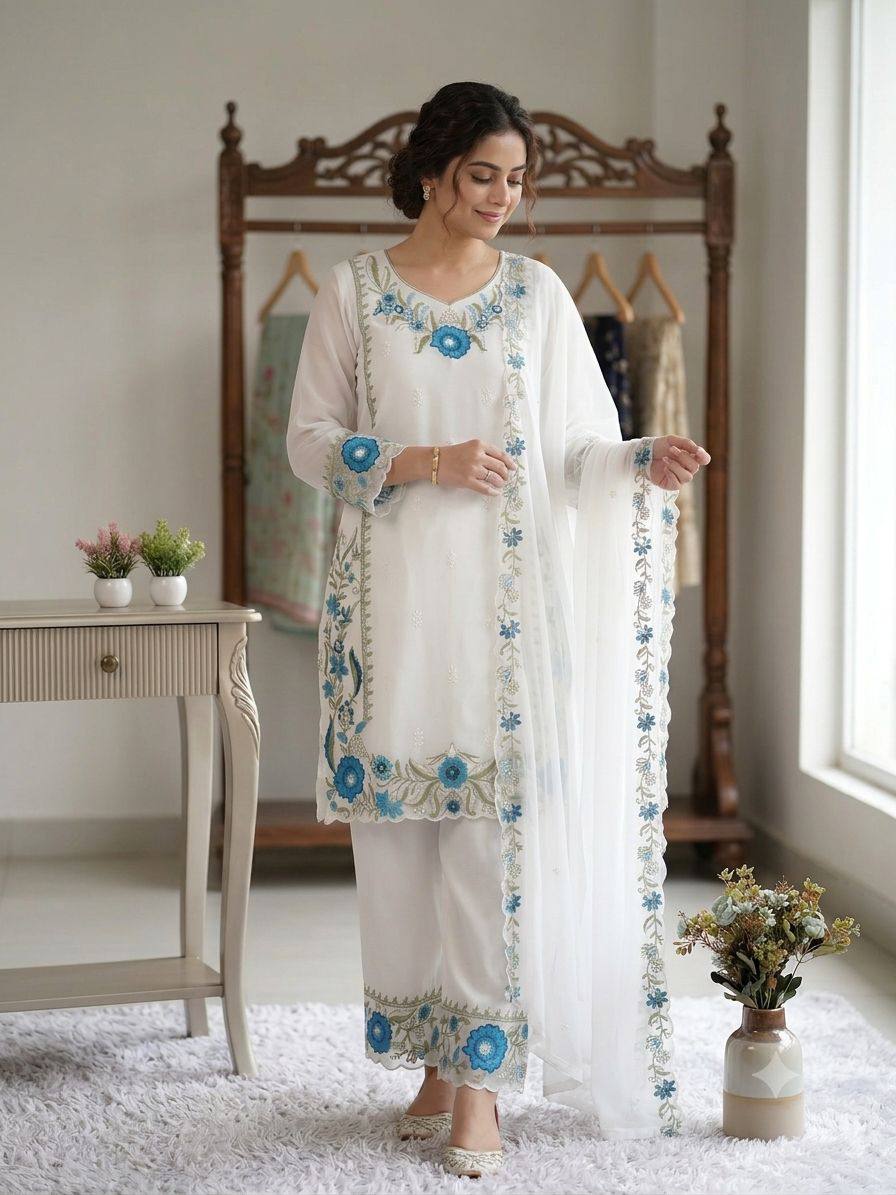 Women’s White Floral Embroidered Fox Georgette Kurta Palazzo Set with Dupatta | Designer Ethnic Suit for Wedding, Farewell & Party Wear