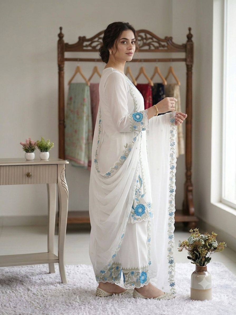 Women’s White Floral Embroidered Fox Georgette Kurta Palazzo Set with Dupatta | Designer Ethnic Suit for Wedding, Farewell & Party Wear