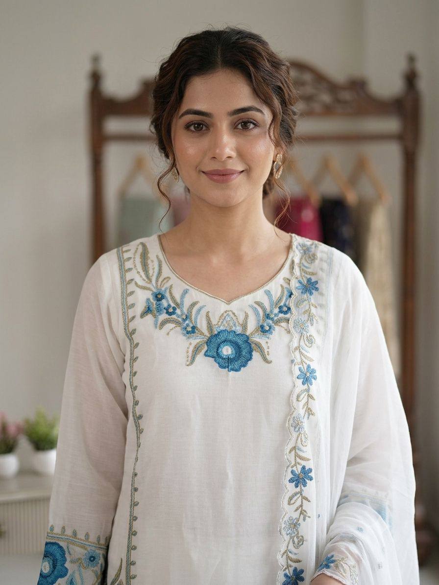 Women’s White Floral Embroidered Fox Georgette Kurta Palazzo Set with Dupatta | Designer Ethnic Suit for Wedding, Farewell & Party Wear
