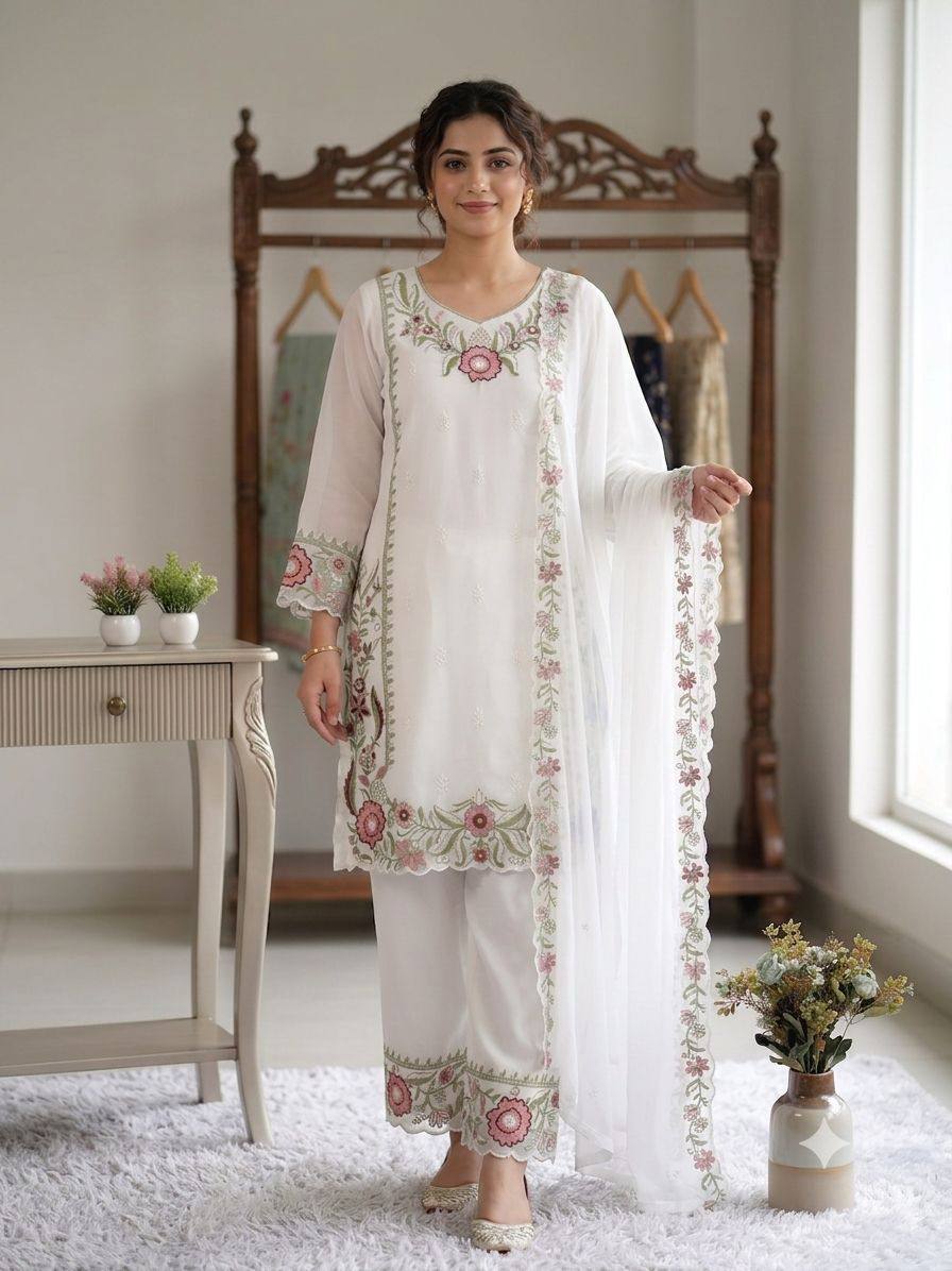 Women’s White Floral Embroidered Fox Georgette Kurta Palazzo Set with Dupatta | Designer Ethnic Suit for Wedding, Farewell & Party Wear