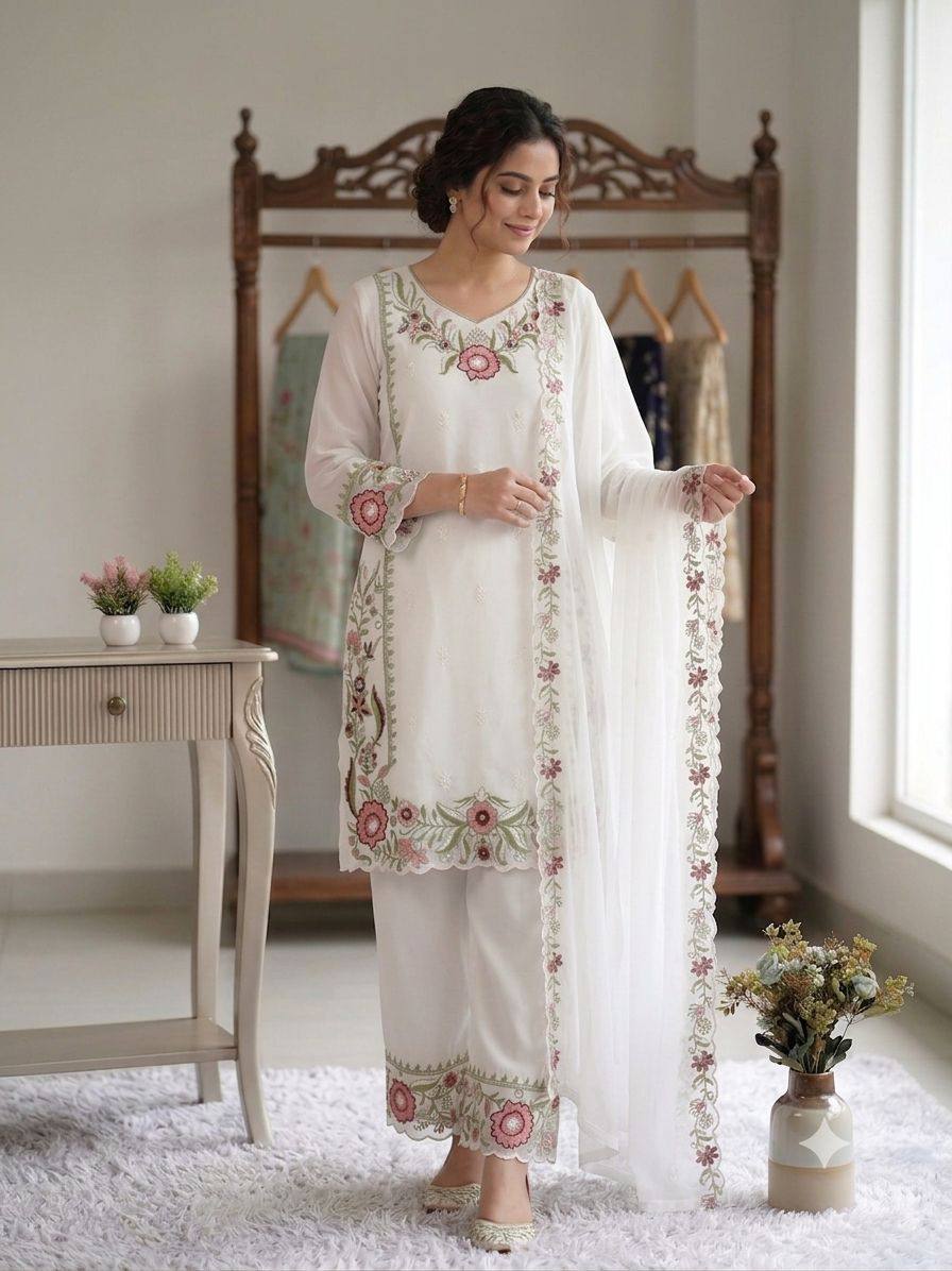 Women’s White Floral Embroidered Fox Georgette Kurta Palazzo Set with Dupatta | Designer Ethnic Suit for Wedding, Farewell & Party Wear