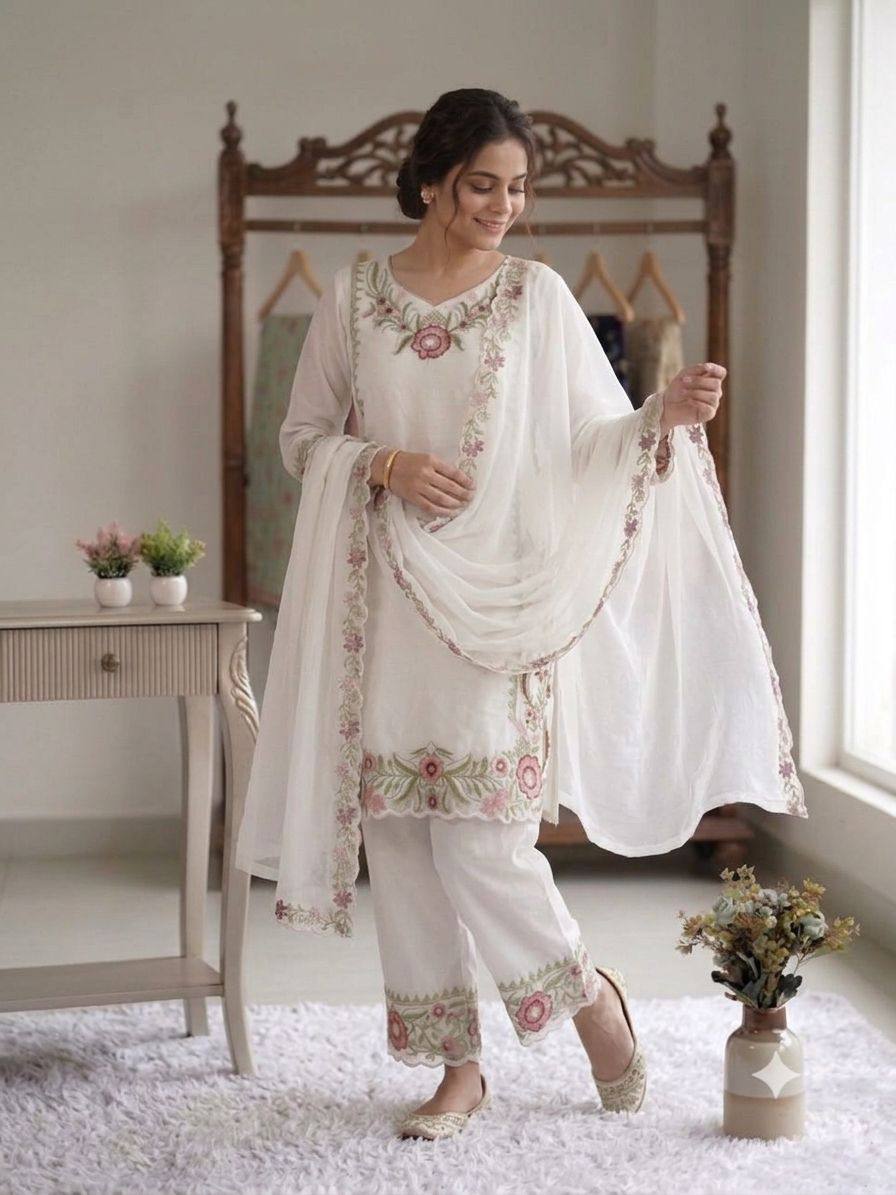 Women’s White Floral Embroidered Fox Georgette Kurta Palazzo Set with Dupatta | Designer Ethnic Suit for Wedding, Farewell & Party Wear