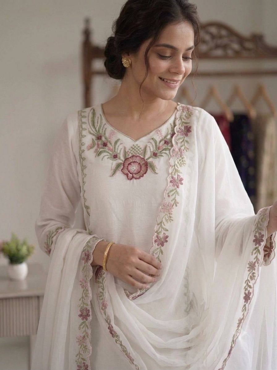 Women’s White Floral Embroidered Fox Georgette Kurta Palazzo Set with Dupatta | Designer Ethnic Suit for Wedding, Farewell & Party Wear
