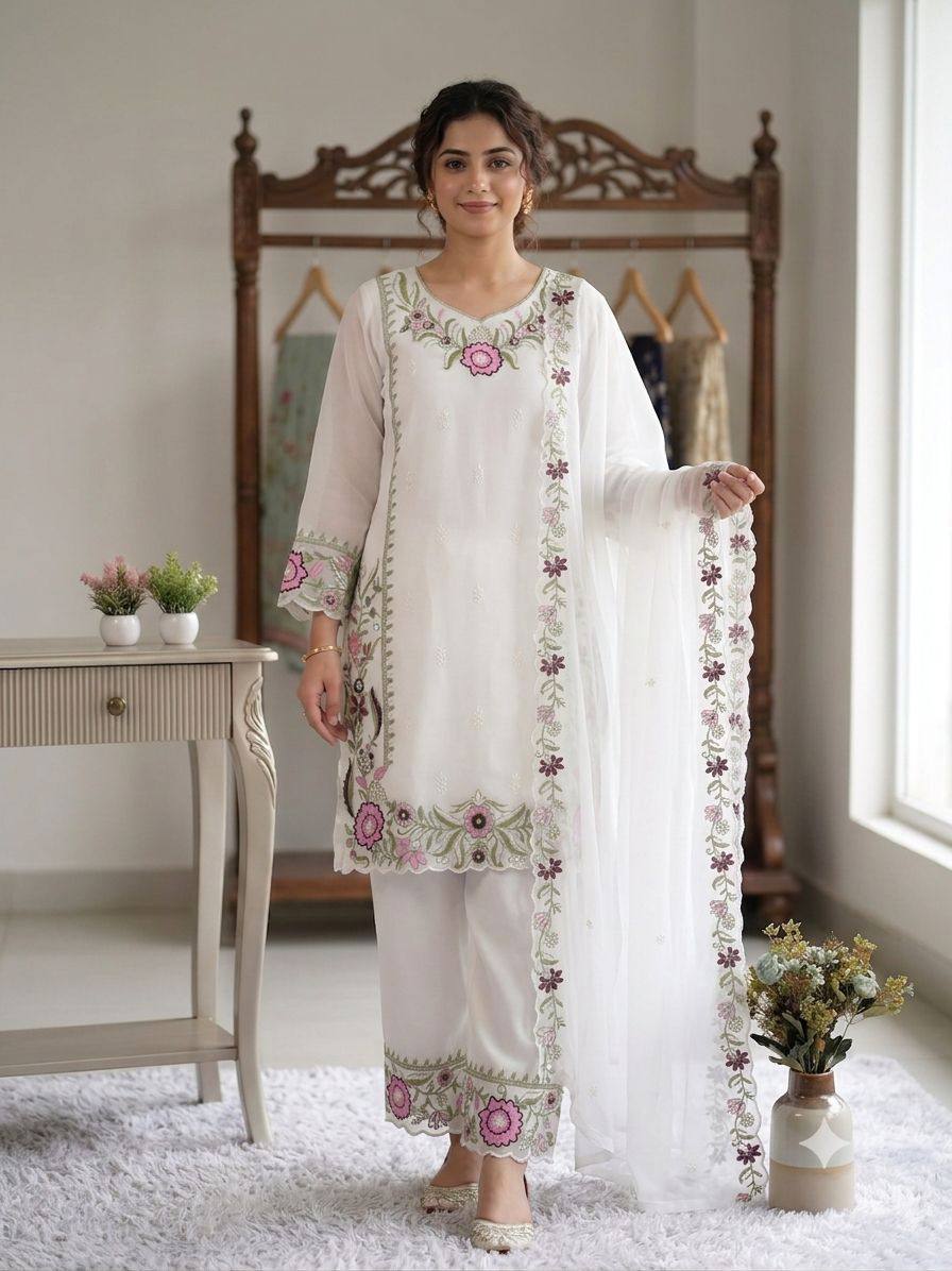 Women’s White Floral Embroidered Fox Georgette Kurta Palazzo Set with Dupatta | Designer Ethnic Suit for Wedding, Farewell & Party Wear