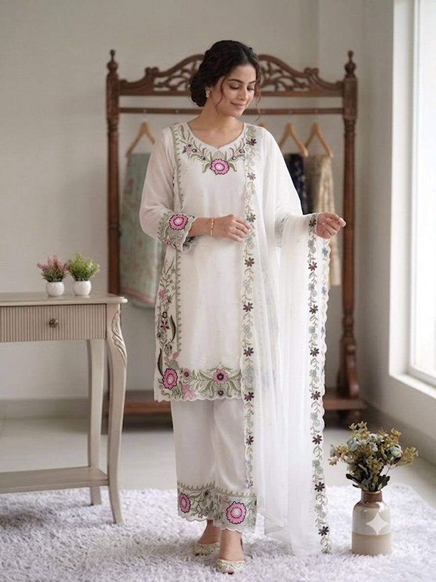 Women’s White Floral Embroidered Fox Georgette Kurta Palazzo Set with Dupatta | Designer Ethnic Suit for Wedding, Farewell & Party Wear