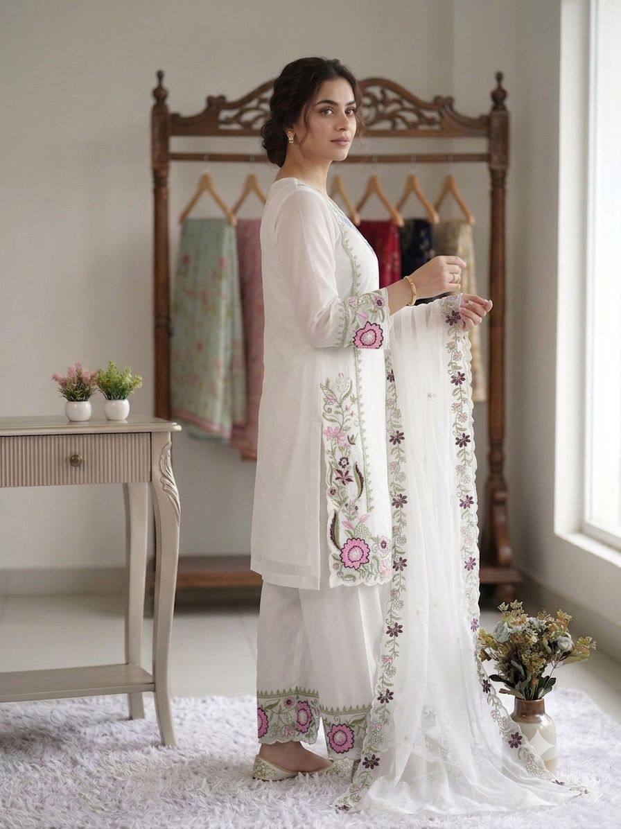 Women’s White Floral Embroidered Fox Georgette Kurta Palazzo Set with Dupatta | Designer Ethnic Suit for Wedding, Farewell & Party Wear