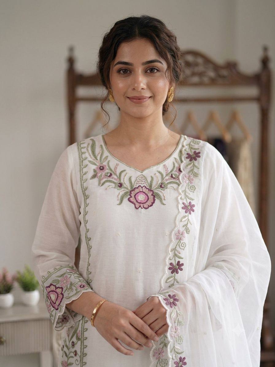 Women’s White Floral Embroidered Fox Georgette Kurta Palazzo Set with Dupatta | Designer Ethnic Suit for Wedding, Farewell & Party Wear