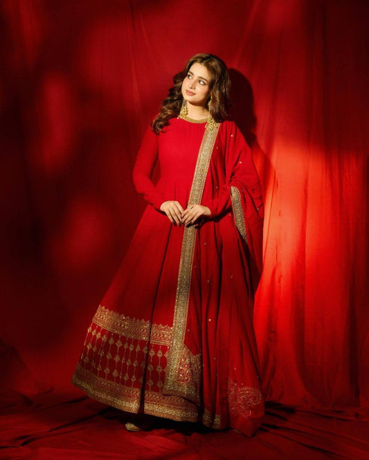 Red Vichitra Silk Anarkali Gown Set with Thread & Sequins Work | Wedding Wear for Women