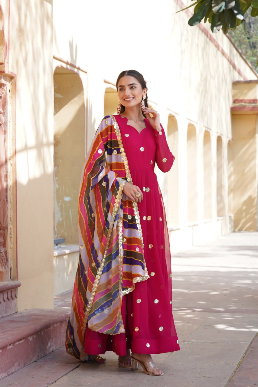 Charming Faux Georgette Zari Thread Sequins Worked Gown - INDIAN ELEGANCE