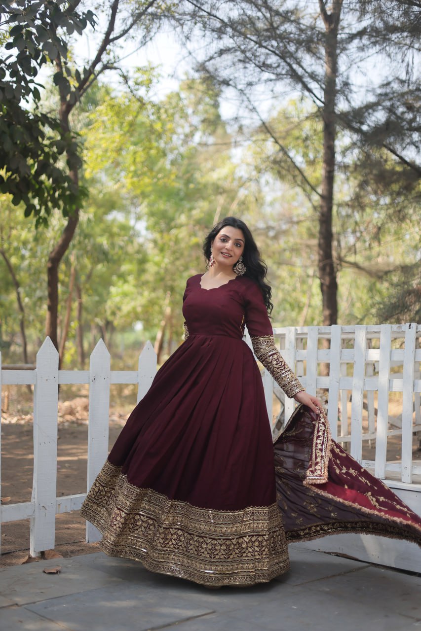 Radiant Rich Sequins Embroidered Designer Gown With Dupatta - INDIAN ELEGANCE