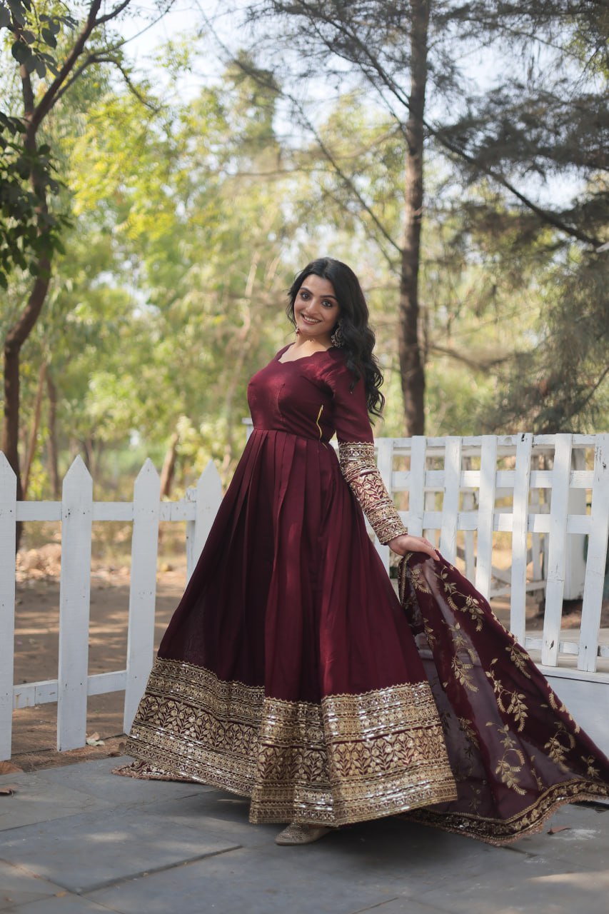 Radiant Rich Sequins Embroidered Designer Gown With Dupatta - INDIAN ELEGANCE