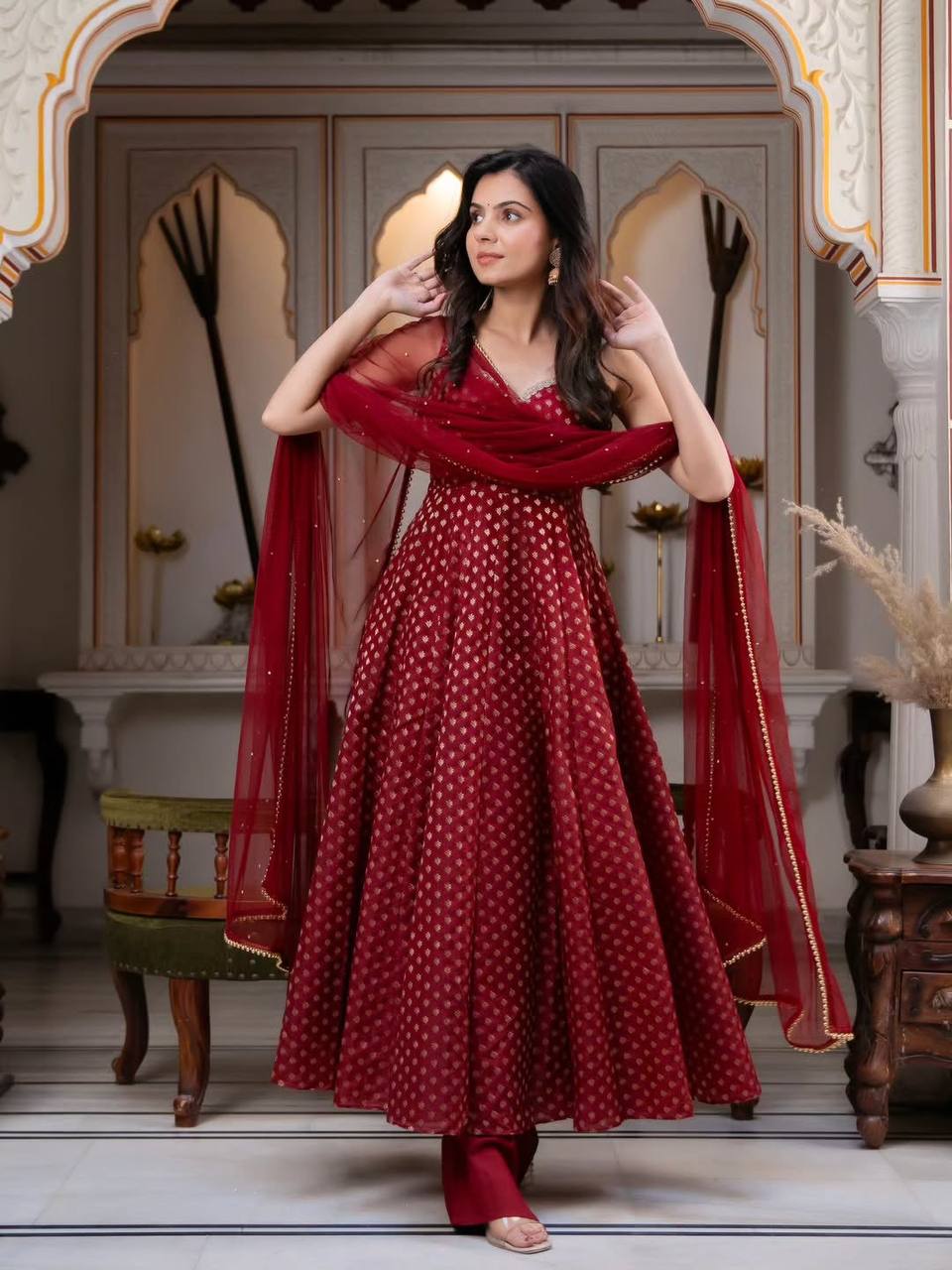 Designer Maroon Anarkali Suit Set With Pearl Embellished Net Dupatta