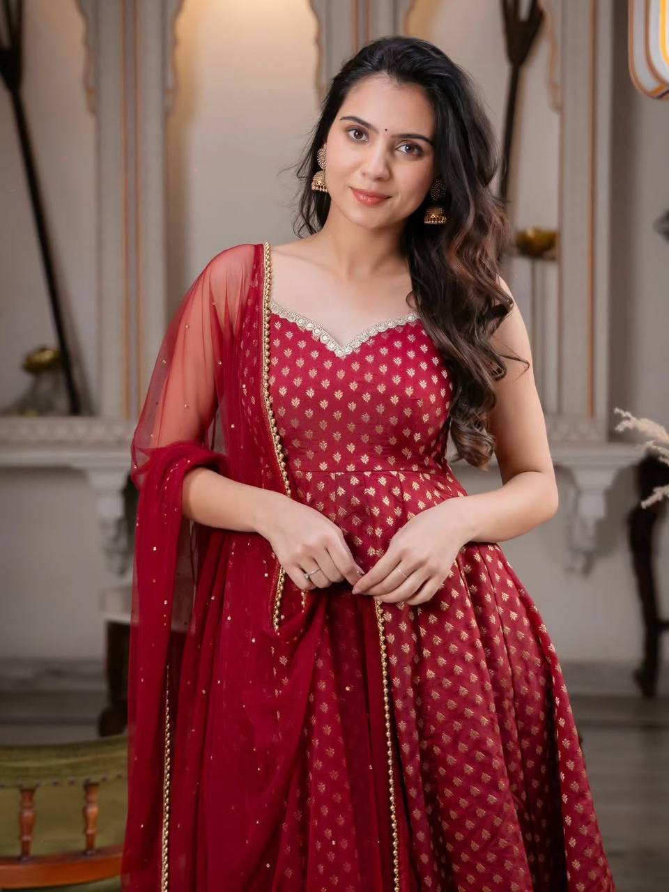Designer Maroon Anarkali Suit Set With Pearl Embellished Net Dupatta