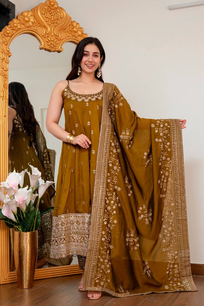 Maroon Embroidered Vichitra Silk Anarkali Suit Set With Dupatta For Wedding, Sangeet & Festive Wear