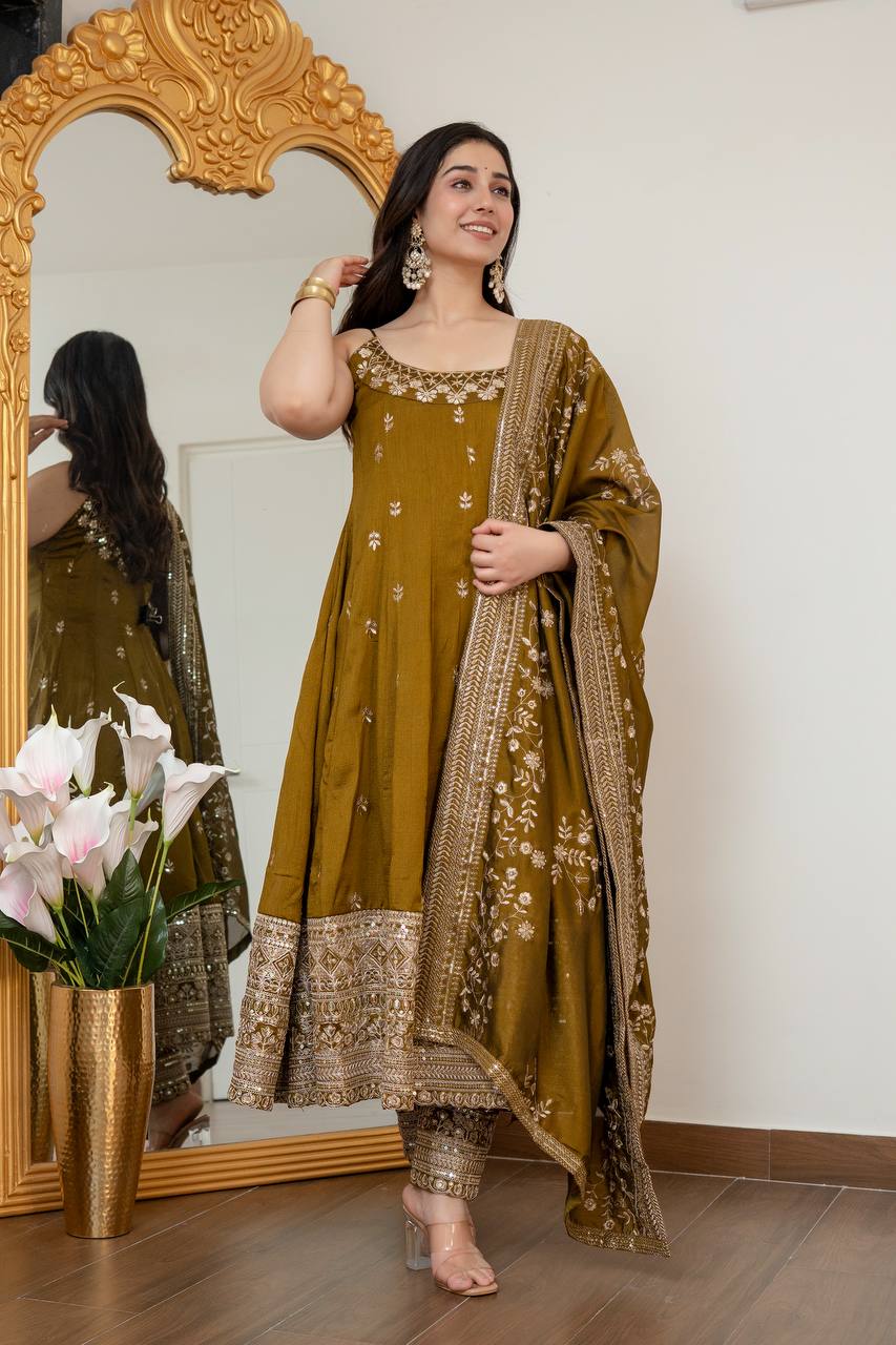 Maroon Embroidered Vichitra Silk Anarkali Suit Set With Dupatta For Wedding, Sangeet & Festive Wear