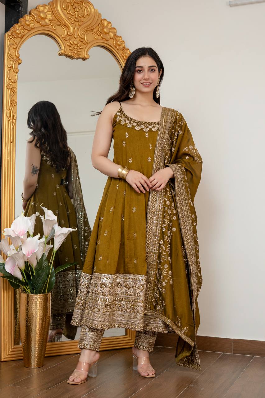 Maroon Embroidered Vichitra Silk Anarkali Suit Set With Dupatta For Wedding, Sangeet & Festive Wear