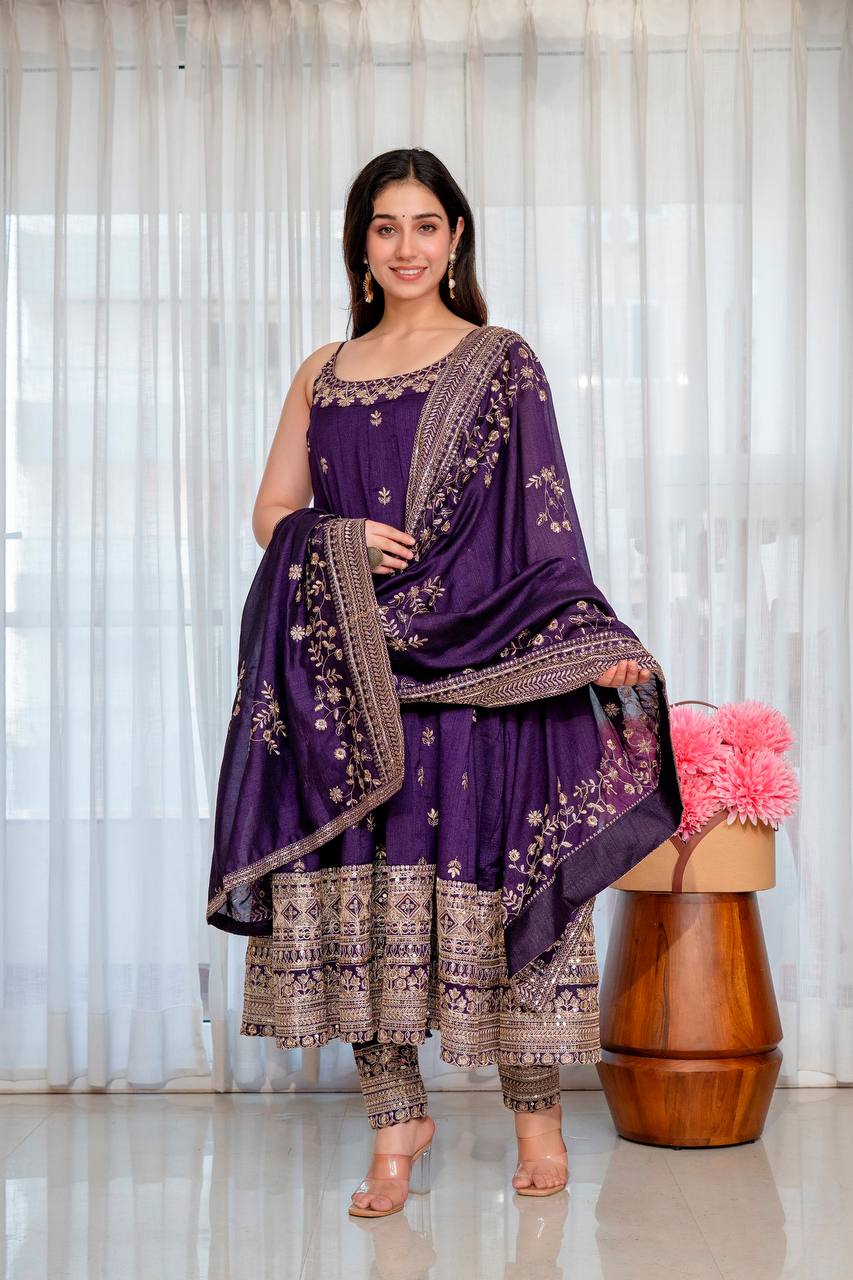 Maroon Embroidered Vichitra Silk Anarkali Suit Set With Dupatta For Wedding, Sangeet & Festive Wear