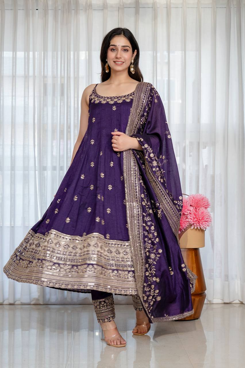 Maroon Embroidered Vichitra Silk Anarkali Suit Set With Dupatta For Wedding, Sangeet & Festive Wear