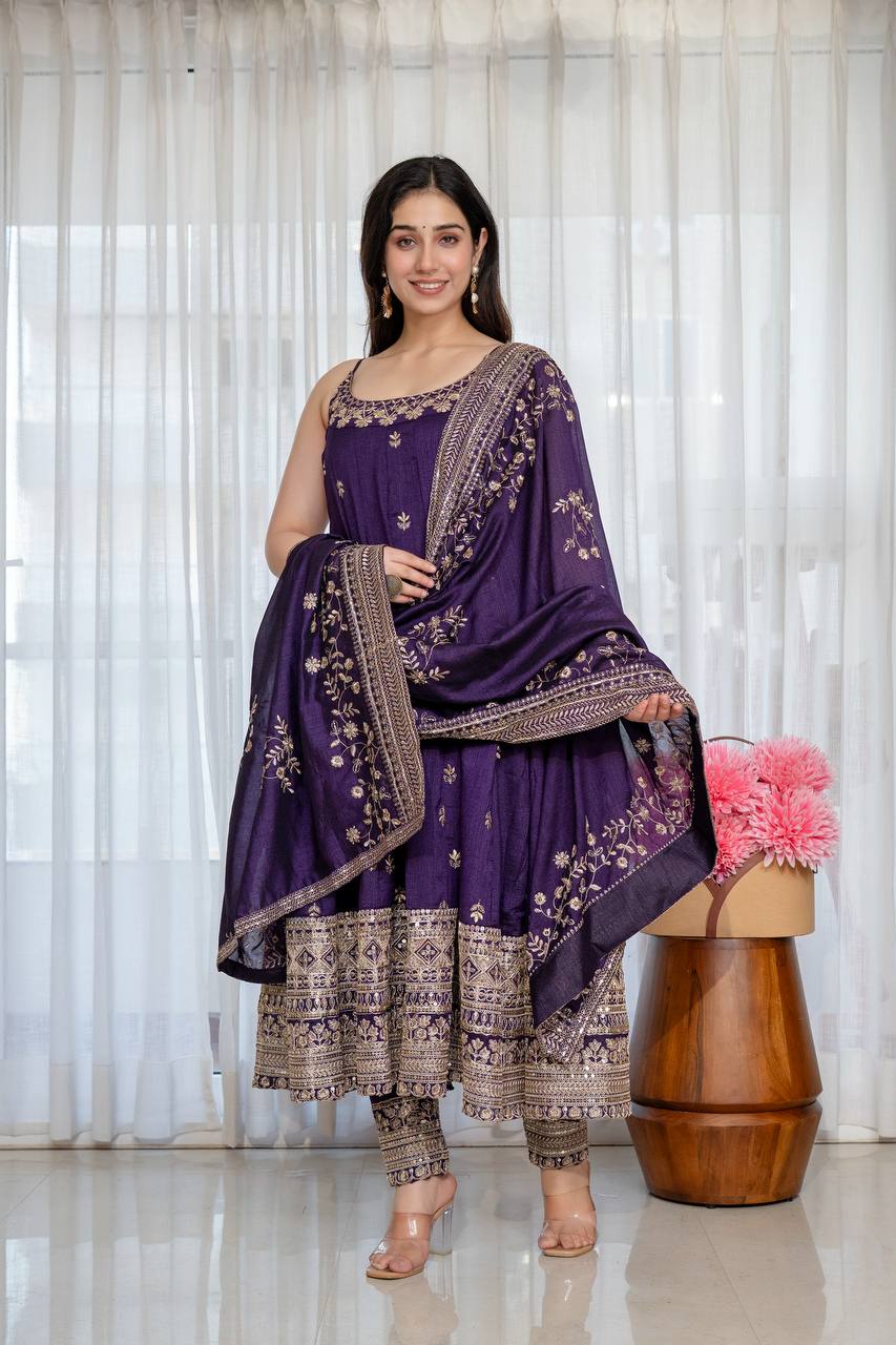 Maroon Embroidered Vichitra Silk Anarkali Suit Set With Dupatta For Wedding, Sangeet & Festive Wear