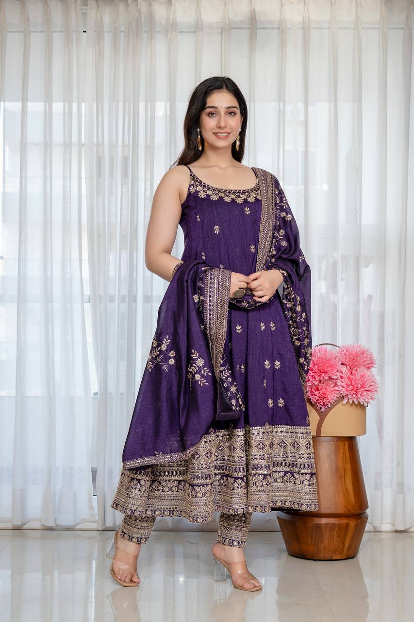 Maroon Embroidered Vichitra Silk Anarkali Suit Set With Dupatta For Wedding, Sangeet & Festive Wear