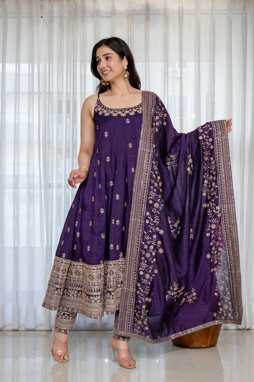 Maroon Embroidered Vichitra Silk Anarkali Suit Set With Dupatta For Wedding, Sangeet & Festive Wear