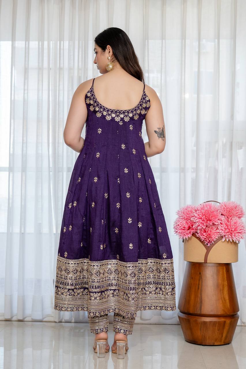 Maroon Embroidered Vichitra Silk Anarkali Suit Set With Dupatta For Wedding, Sangeet & Festive Wear
