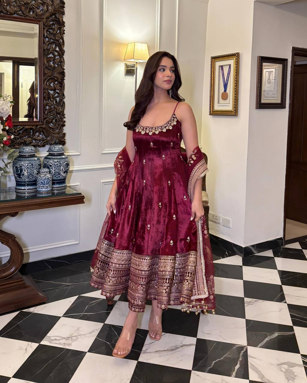 Maroon Embroidered Vichitra Silk Anarkali Suit Set With Dupatta For Wedding, Sangeet & Festive Wear