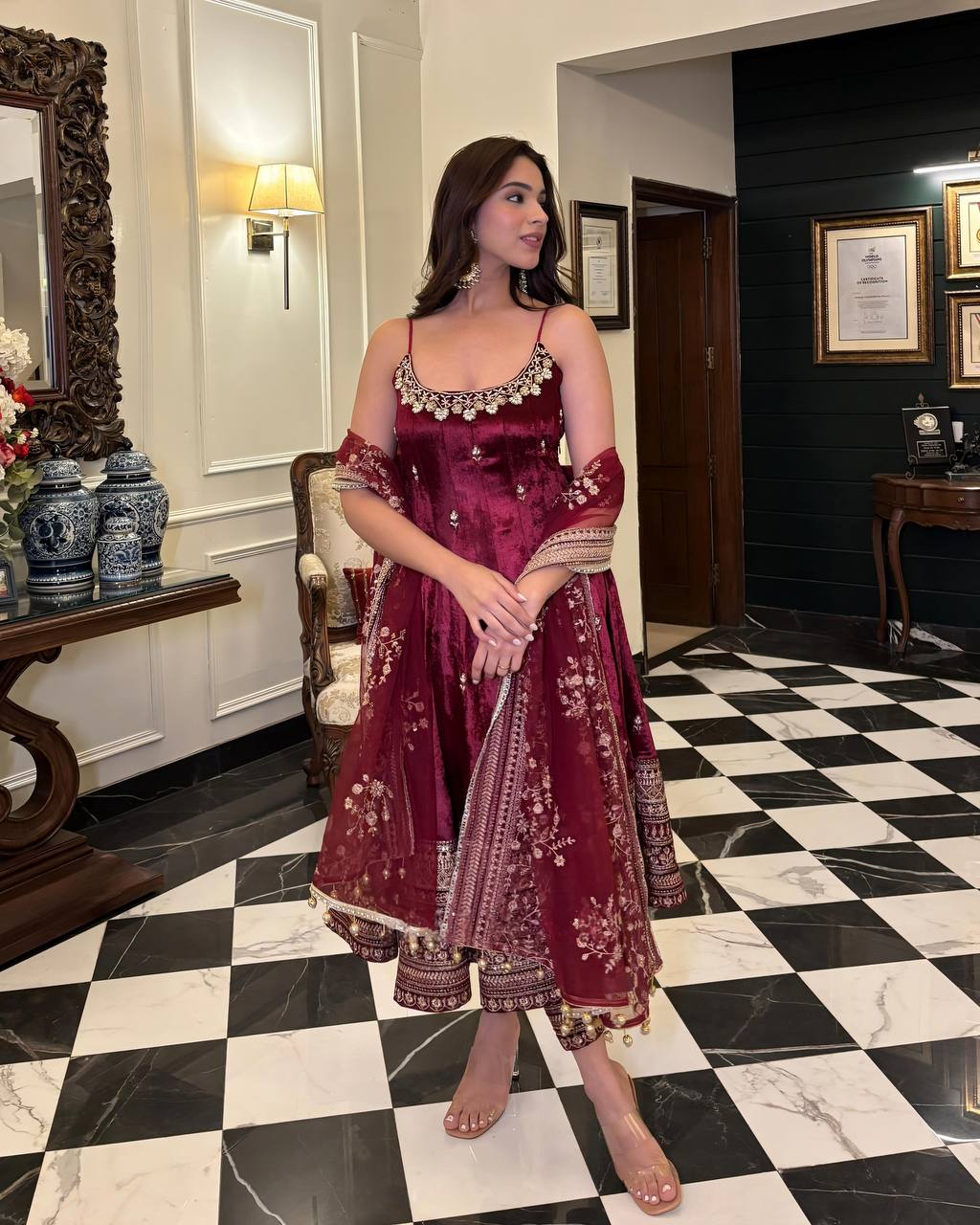 Maroon Embroidered Vichitra Silk Anarkali Suit Set With Dupatta For Wedding, Sangeet & Festive Wear