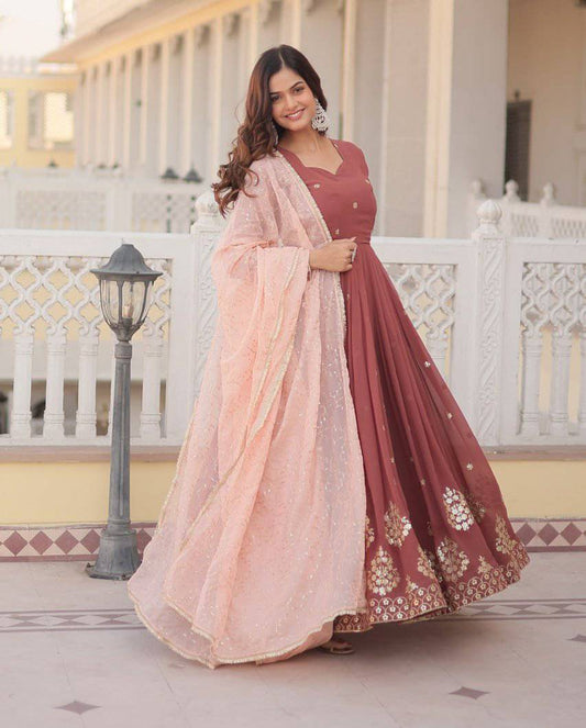 Delicate Brown Faux Georgette Zari Sequins Worked Gown - INDIAN ELEGANCE
