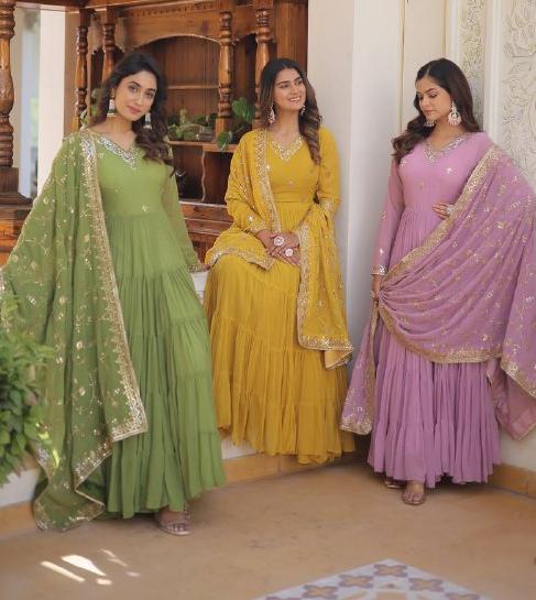Splendid Faux Georgette Embroidered Designer Gown With Dupatta - INDIAN ELEGANCE