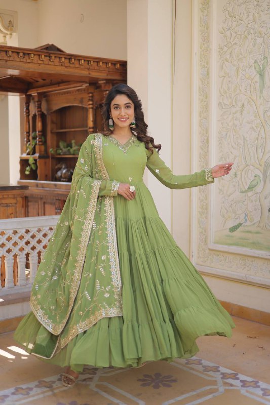 Splendid Faux Georgette Embroidered Designer Gown With Dupatta - INDIAN ELEGANCE