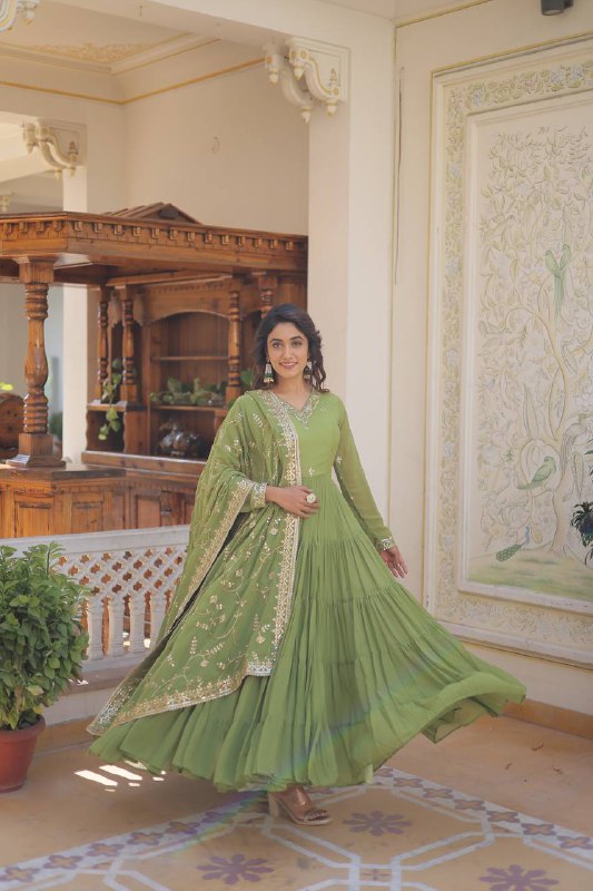 Splendid Faux Georgette Embroidered Designer Gown With Dupatta - INDIAN ELEGANCE