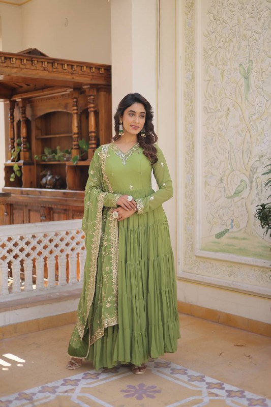 Splendid Faux Georgette Embroidered Designer Gown With Dupatta - INDIAN ELEGANCE