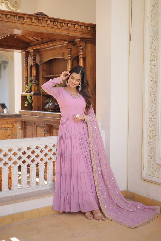 Splendid Faux Georgette Embroidered Designer Gown With Dupatta - INDIAN ELEGANCE