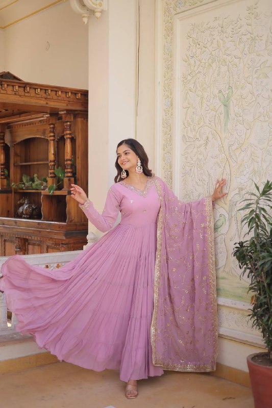 Splendid Faux Georgette Embroidered Designer Gown With Dupatta - INDIAN ELEGANCE