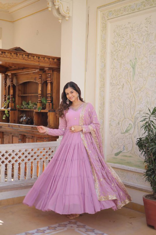 Splendid Faux Georgette Embroidered Designer Gown With Dupatta - INDIAN ELEGANCE