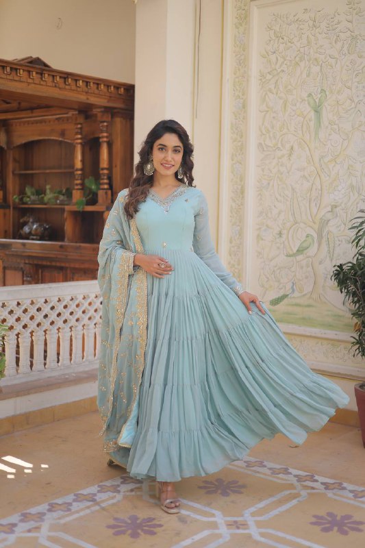 Splendid Faux Georgette Embroidered Designer Gown With Dupatta - INDIAN ELEGANCE