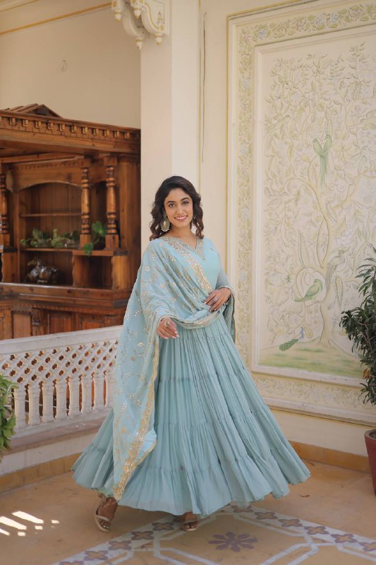 Splendid Faux Georgette Embroidered Designer Gown With Dupatta - INDIAN ELEGANCE