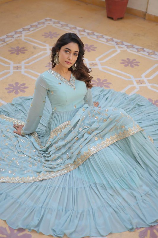 Splendid Faux Georgette Embroidered Designer Gown With Dupatta - INDIAN ELEGANCE
