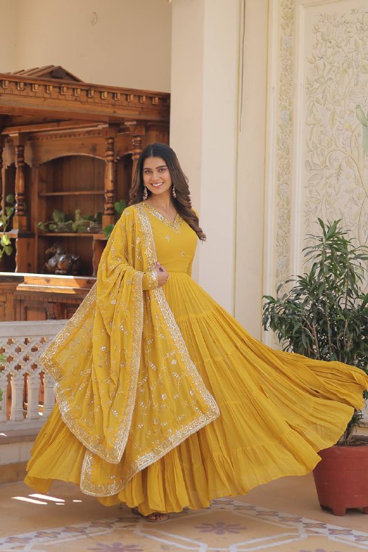 Splendid Faux Georgette Embroidered Designer Gown With Dupatta - INDIAN ELEGANCE