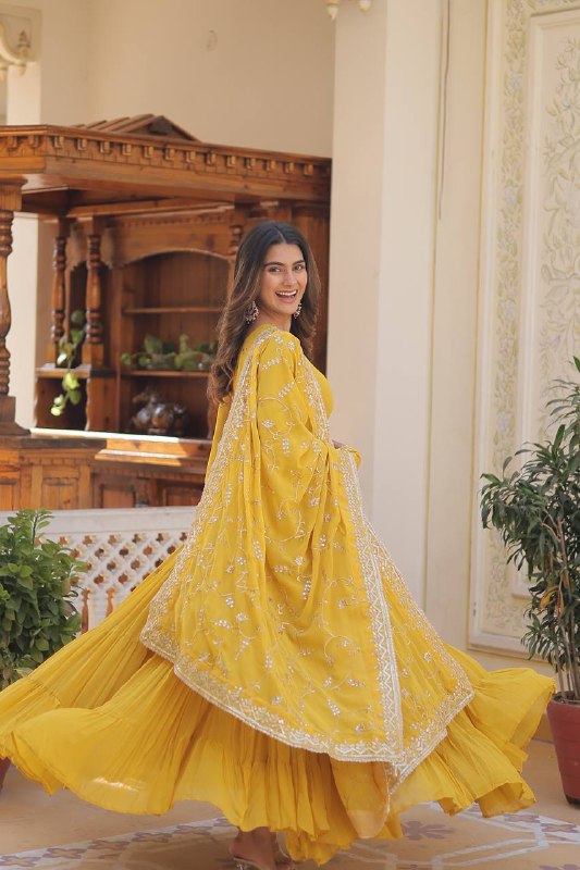 Splendid Faux Georgette Embroidered Designer Gown With Dupatta - INDIAN ELEGANCE