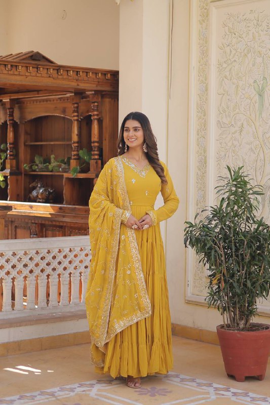 Splendid Faux Georgette Embroidered Designer Gown With Dupatta - INDIAN ELEGANCE