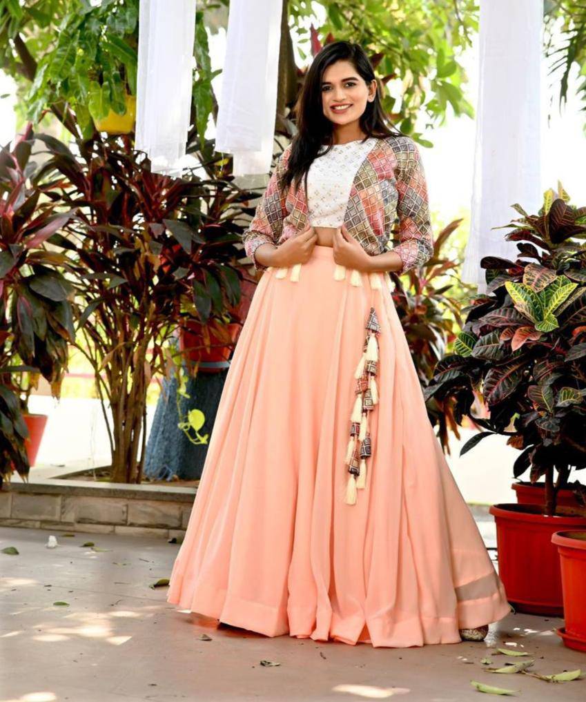 Peach Floral Sequins Embroidered Koti Blouse Lehenga Set - INDIAN ELEGANCE